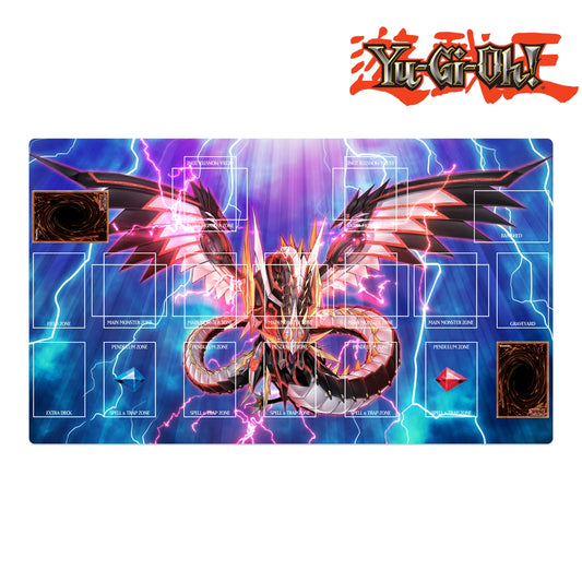 Yu-Gi-Oh! playmat with dragon design and branding on a white background