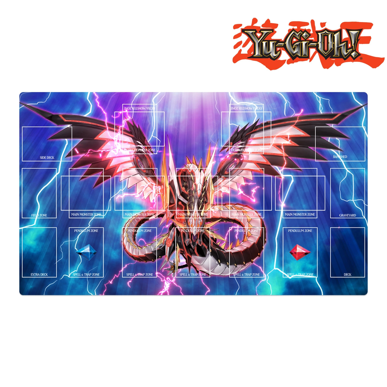 Yu-Gi-Oh! playmat with dragon design on a blue and purple background