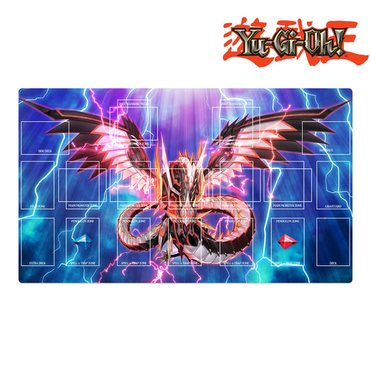 Yu-Gi-Oh! playmat with dragon design on a blue and purple background