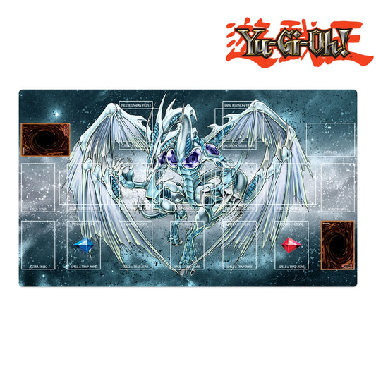 Yu-Gi-Oh! playmat with a dragon illustration on a dark background
