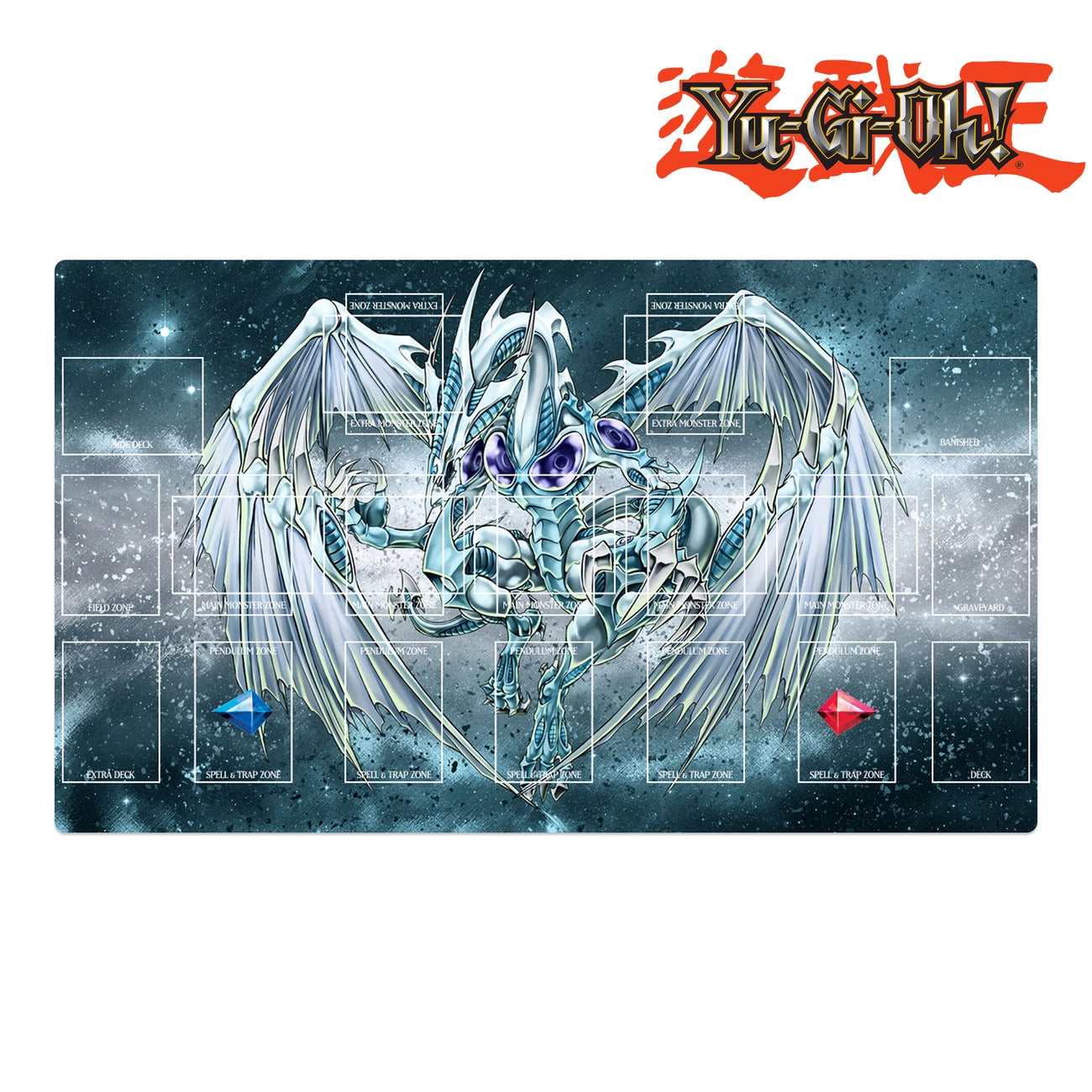 Yu-Gi-Oh! game mat with a dragon illustration and branding on a white background