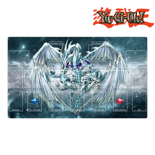 Yu-Gi-Oh! game mat with a dragon illustration and branding on a white background