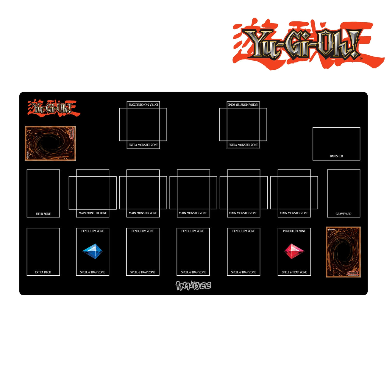 black yu gi oh desk mat placed on a white backgroun
