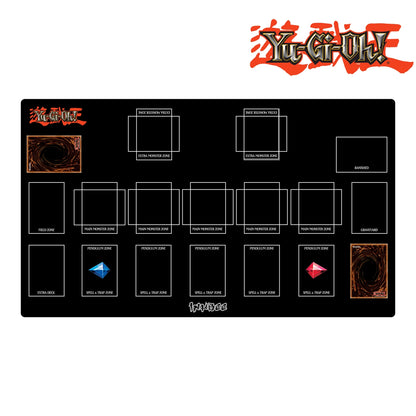 black yu gi oh desk mat placed on a white backgroun