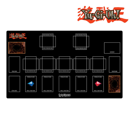black yu gi oh desk mat placed on a white backgroun