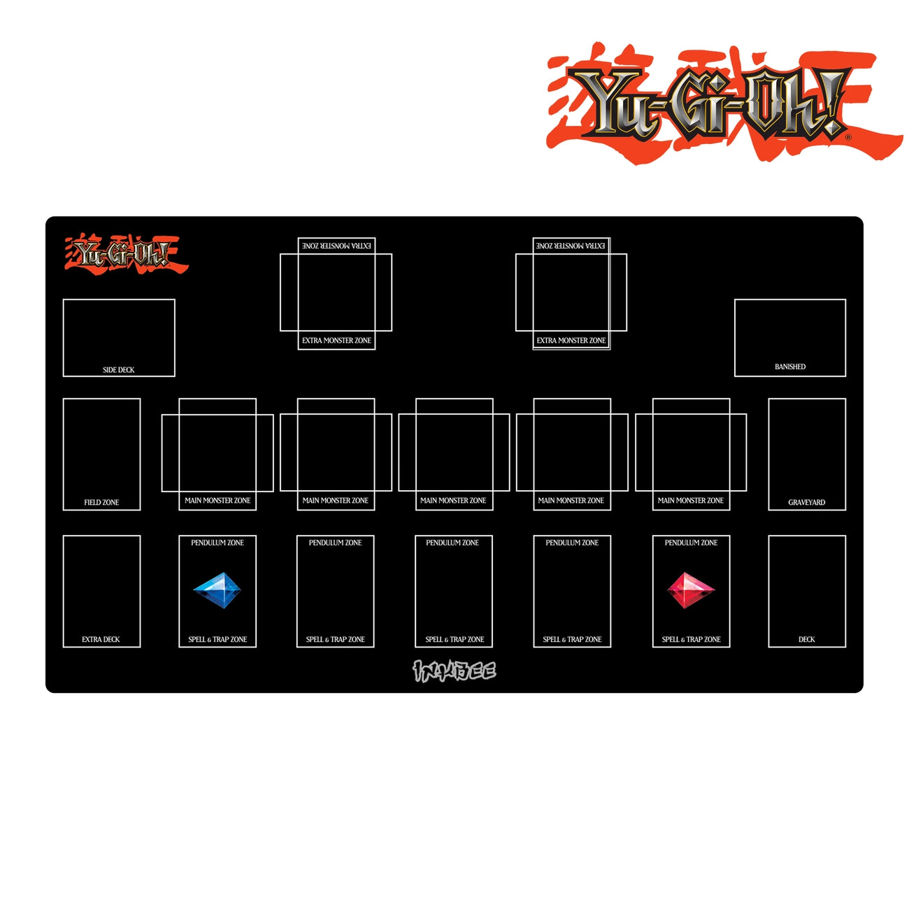 black yu gi oh desk mat placed on a white backgroun