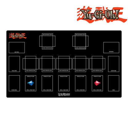 black yu gi oh desk mat placed on a white backgroun