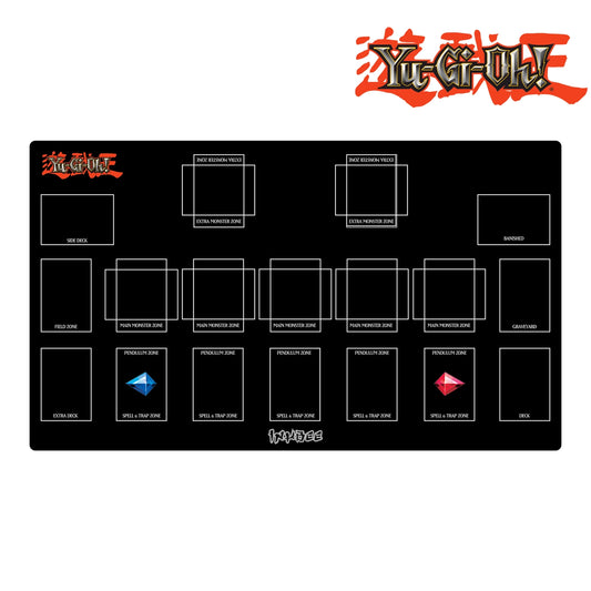 black yu gi oh desk mat placed on a white backgroun