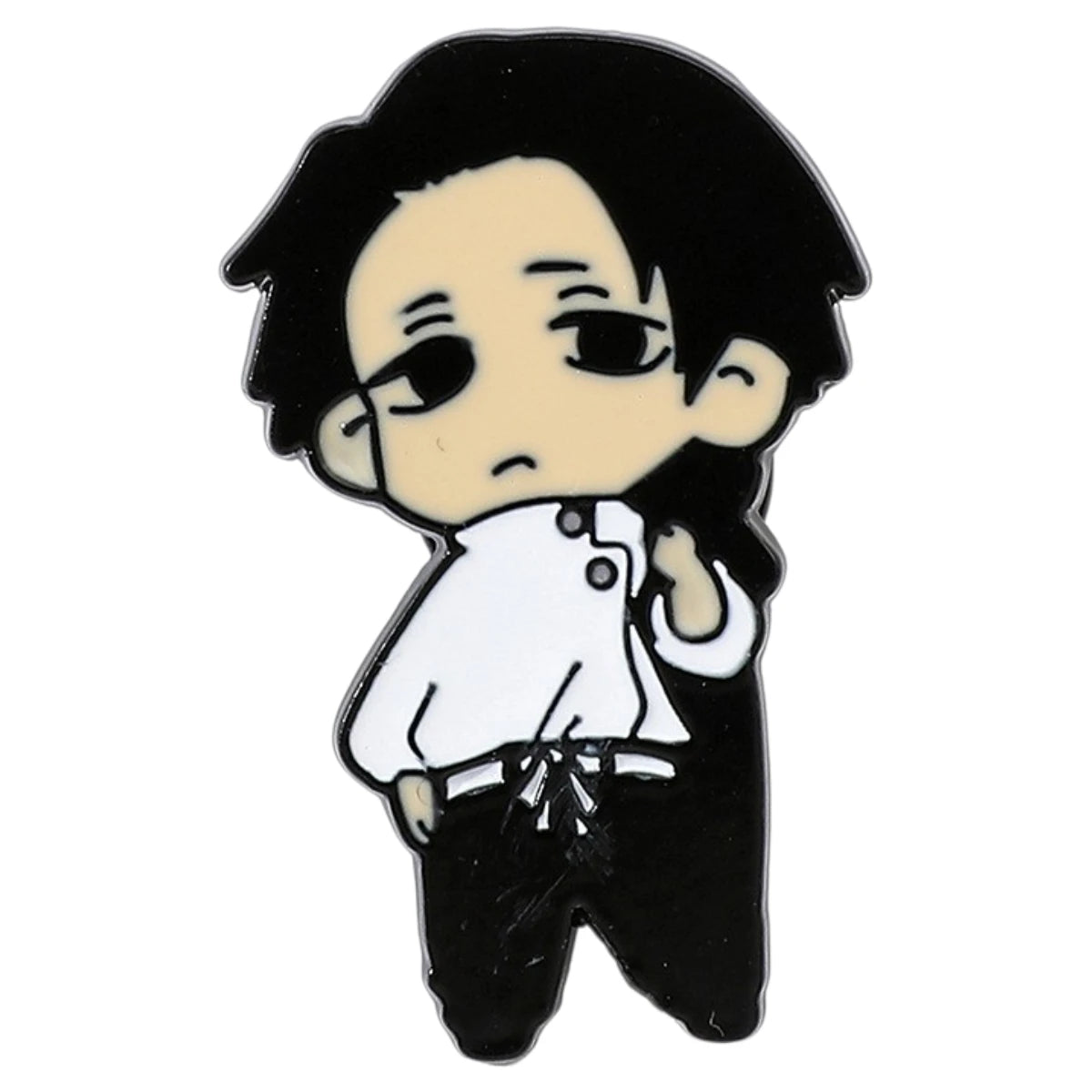 A chibi-style enamel pin featuring a cartoon character with black hair, a white top, and black pants, shown on a plain white background.