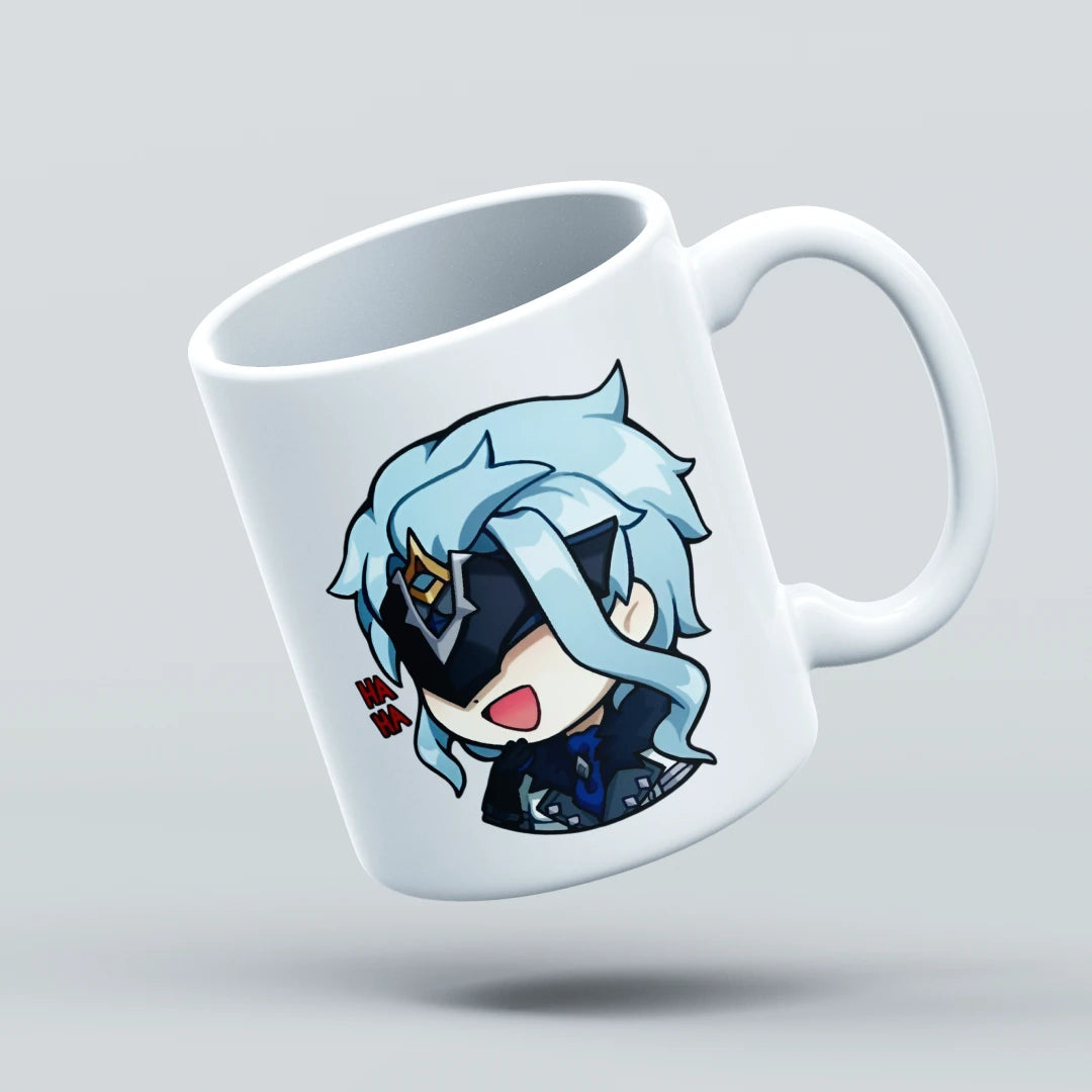 White mug with a cartoon character design on a light gray background