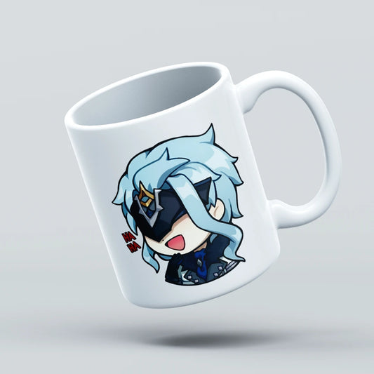 White mug with a cartoon character design on a light gray background