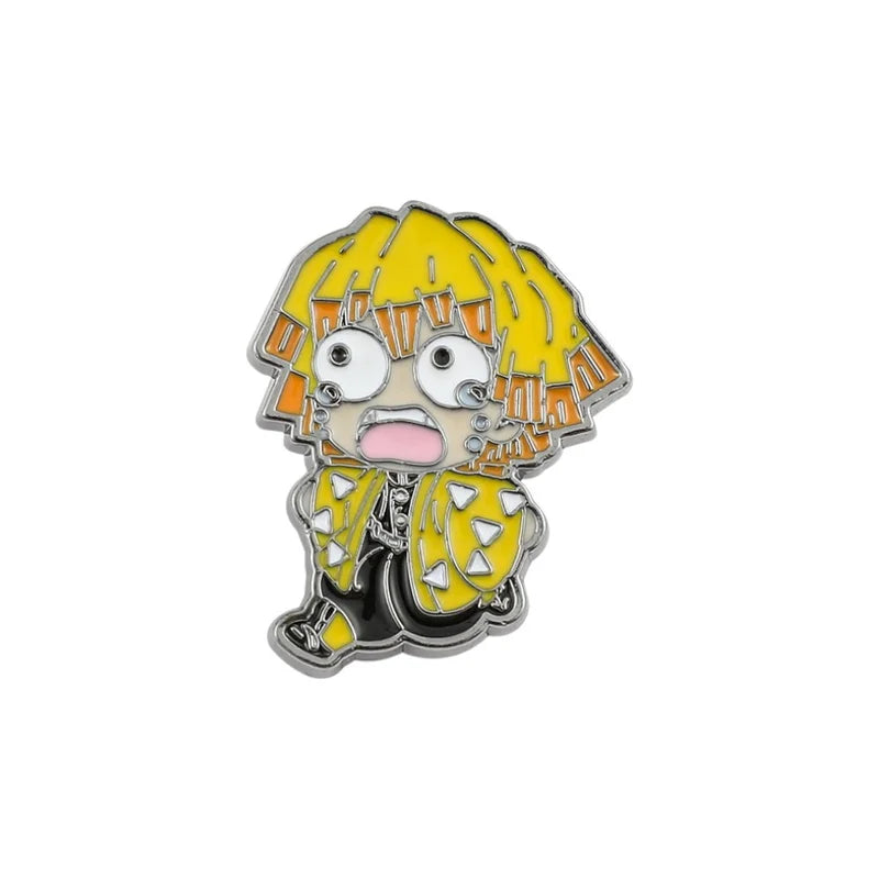 Metallic character pin with yellow hair and outfit on a white background