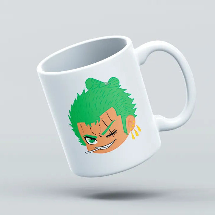 A white ceramic mug with a printed icon of the character Zoro from the anime One Piece.
